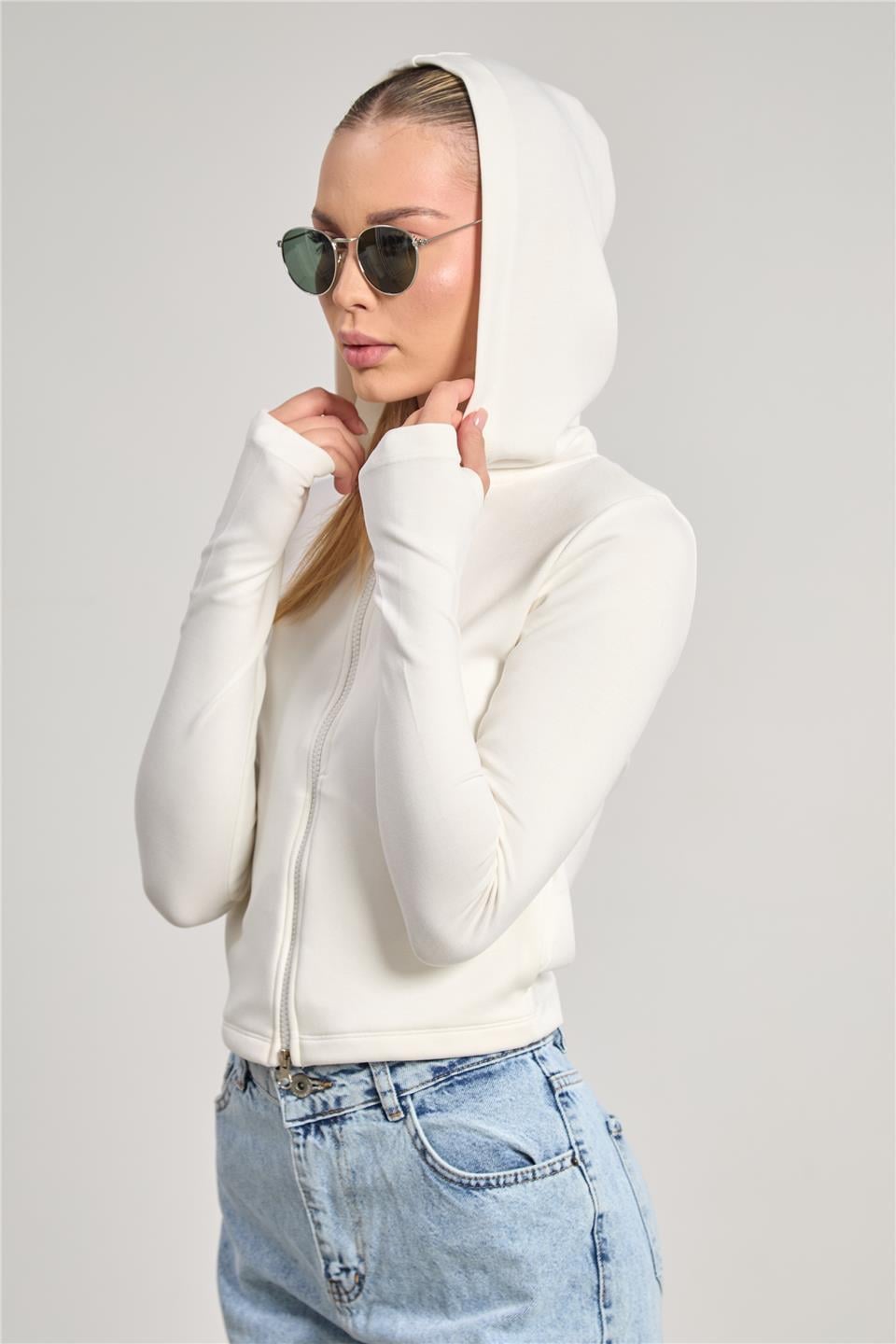 Kadın Parmak Geçmeli Fermuarlı Sweatshirt - Ekru