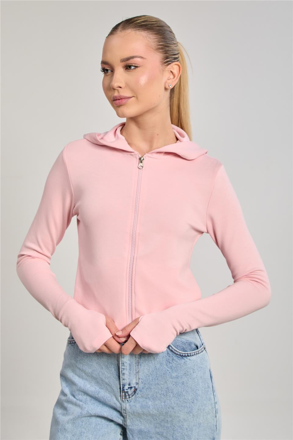 Kadın Parmak Geçmeli Fermuarlı Sweatshirt - Toz Pembe