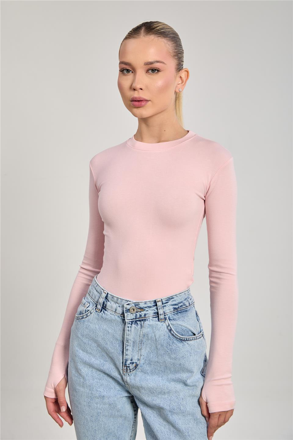 Kadın Parmak Geçmeli Uzun Kol Body - Toz Pembe