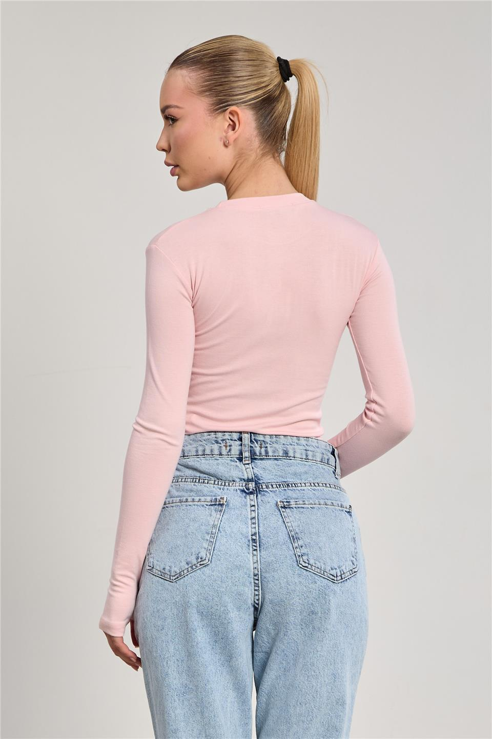 Kadın Parmak Geçmeli Uzun Kol Body - Toz Pembe