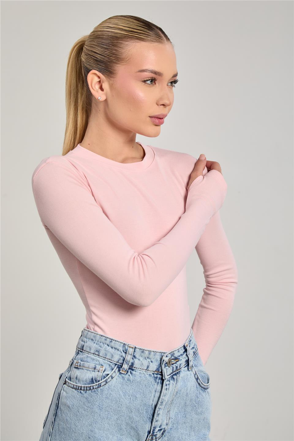 Kadın Parmak Geçmeli Uzun Kol Body - Toz Pembe