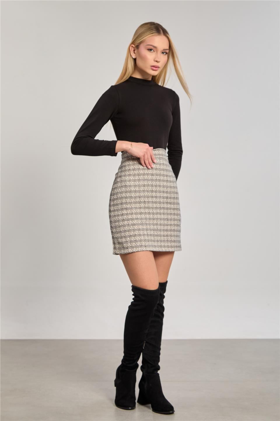 Kadın Tüvit Mini Etek - Krem