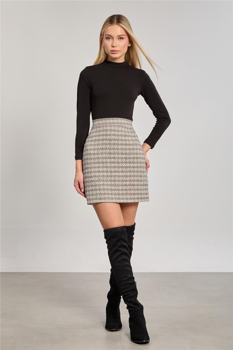 Kadın Tüvit Mini Etek - Krem