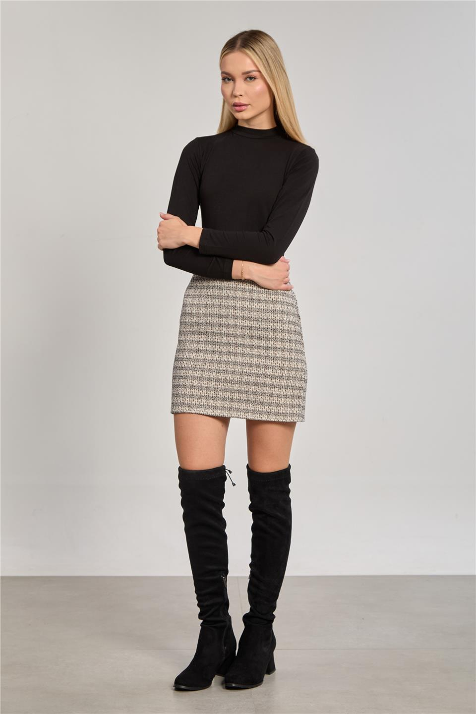 Kadın Tüvit Mini Etek - Krem