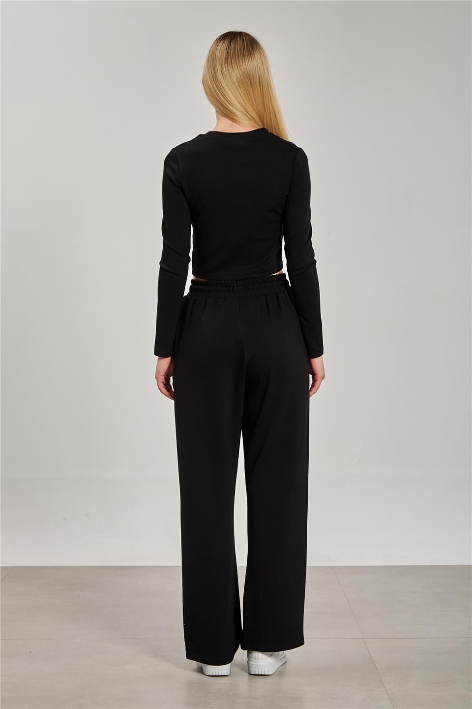 Kadın Uzun Kollu Taşlı Modal İkili Takım - Siyah