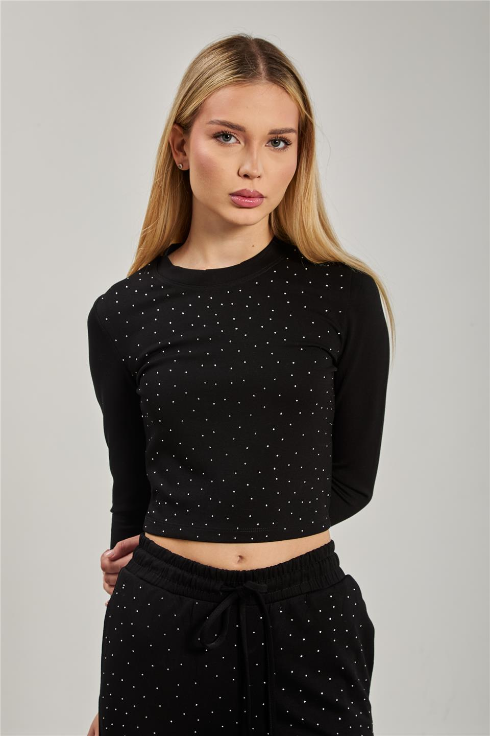 Kadın Uzun Kollu Taşlı Modal İkili Takım - Siyah