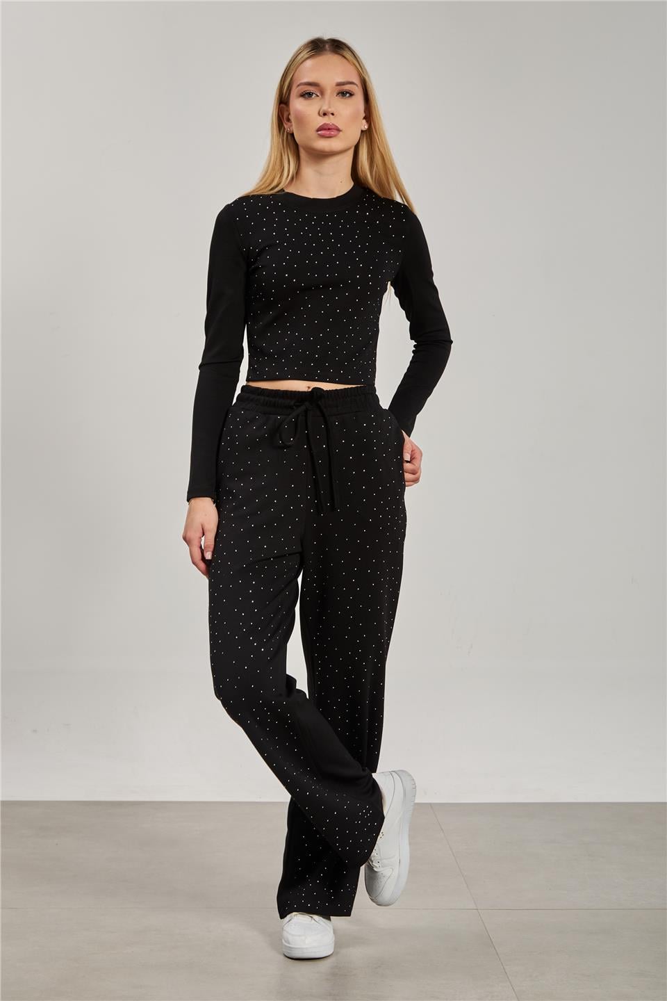 Kadın Uzun Kollu Taşlı Modal İkili Takım - Siyah