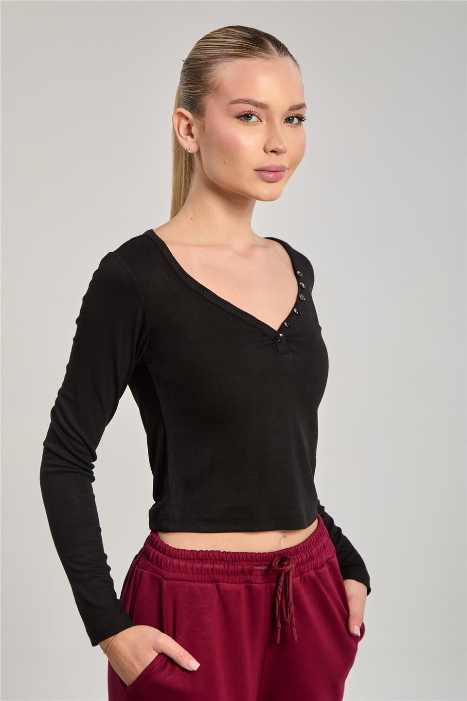 Kadın Yaka Düğmeli Uzun Kol Body - Siyah