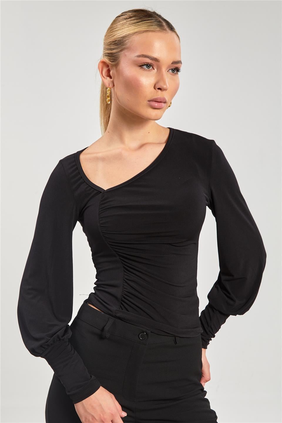 Kadın Yan V Yaka Büzgülü Bluz - Siyah