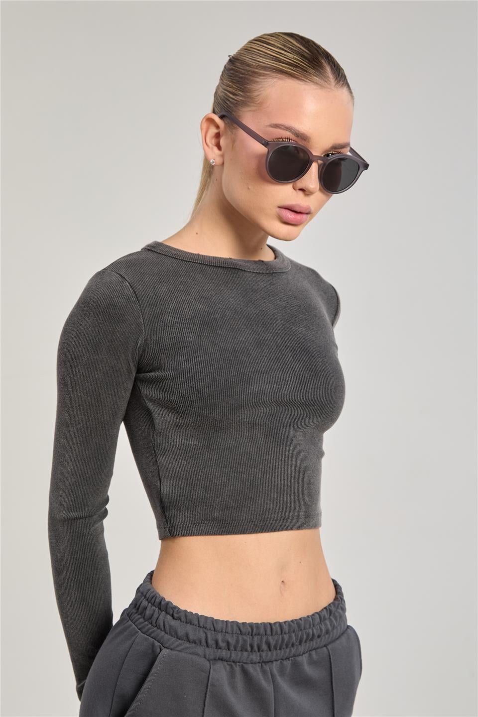 Kadın Yıkamalı Uzun Kol Body - Antrasit 