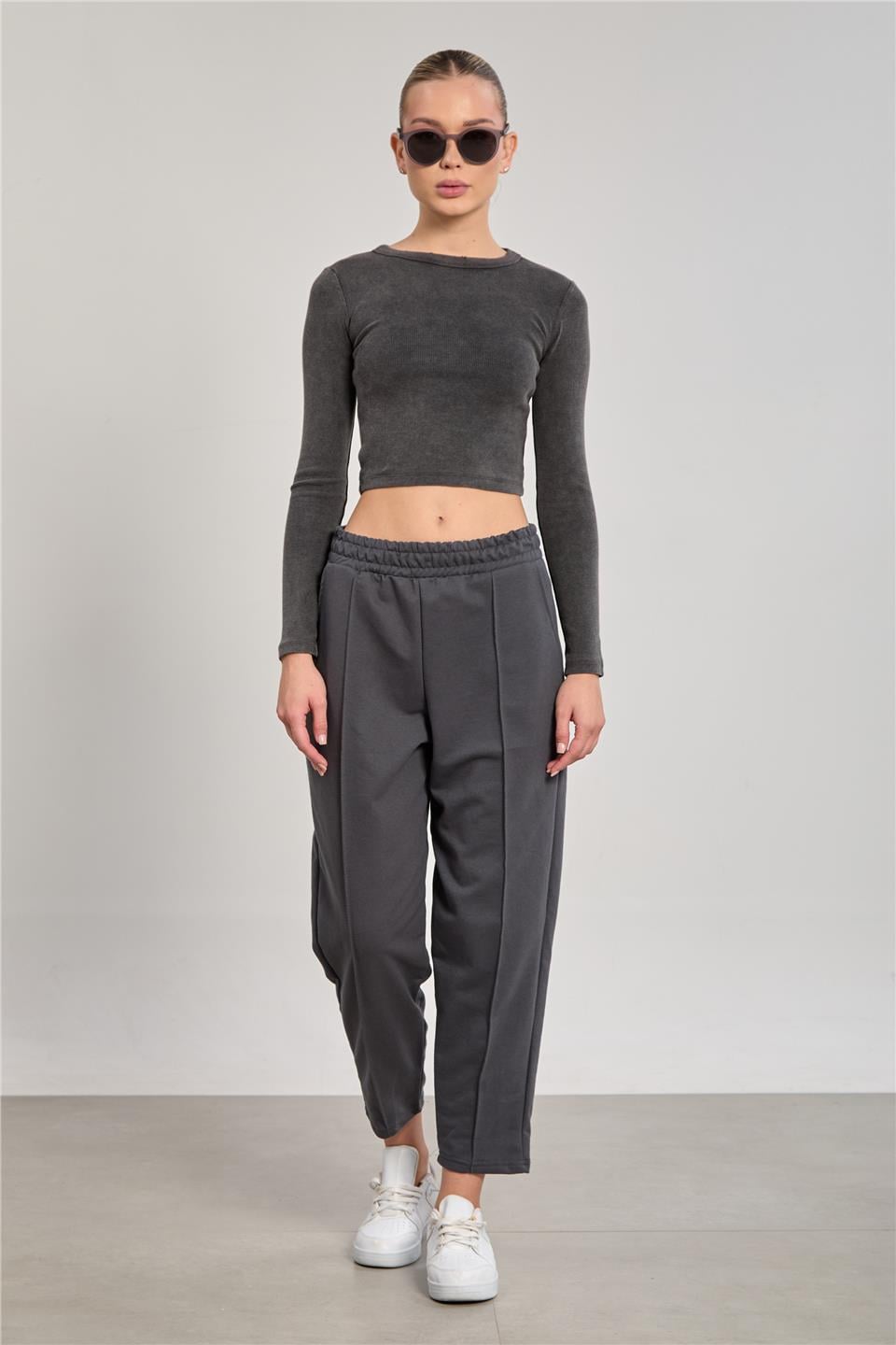 Kadın Yıkamalı Uzun Kol Body - Antrasit 