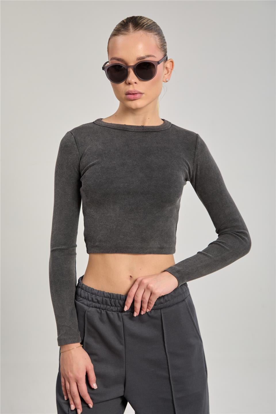 Kadın Yıkamalı Uzun Kol Body - Antrasit 