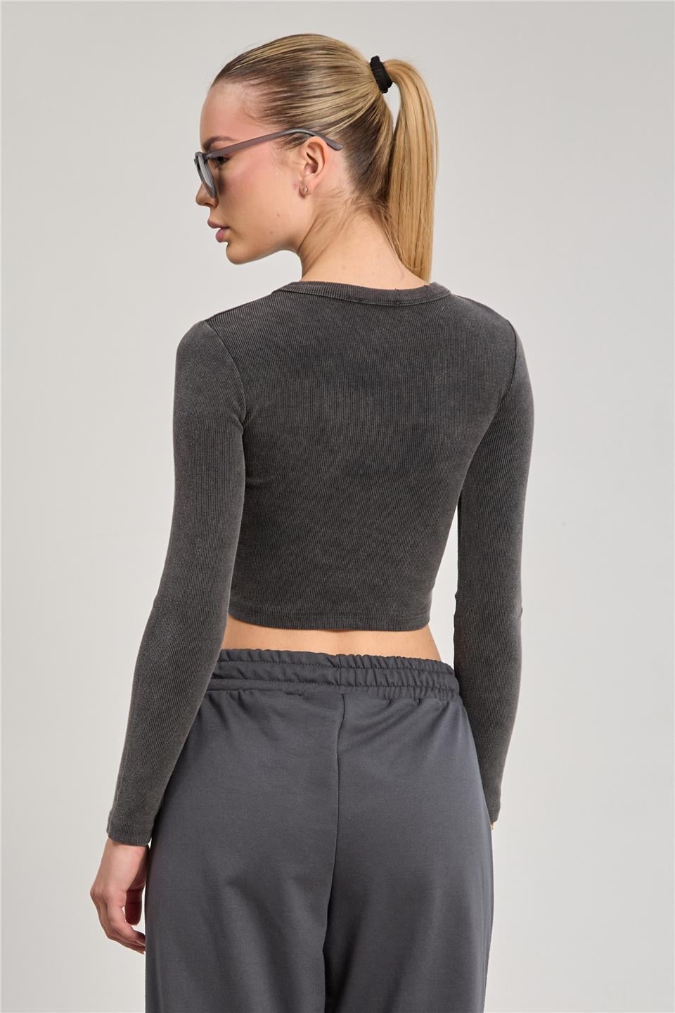 Kadın Yıkamalı Uzun Kol Body - Antrasit 