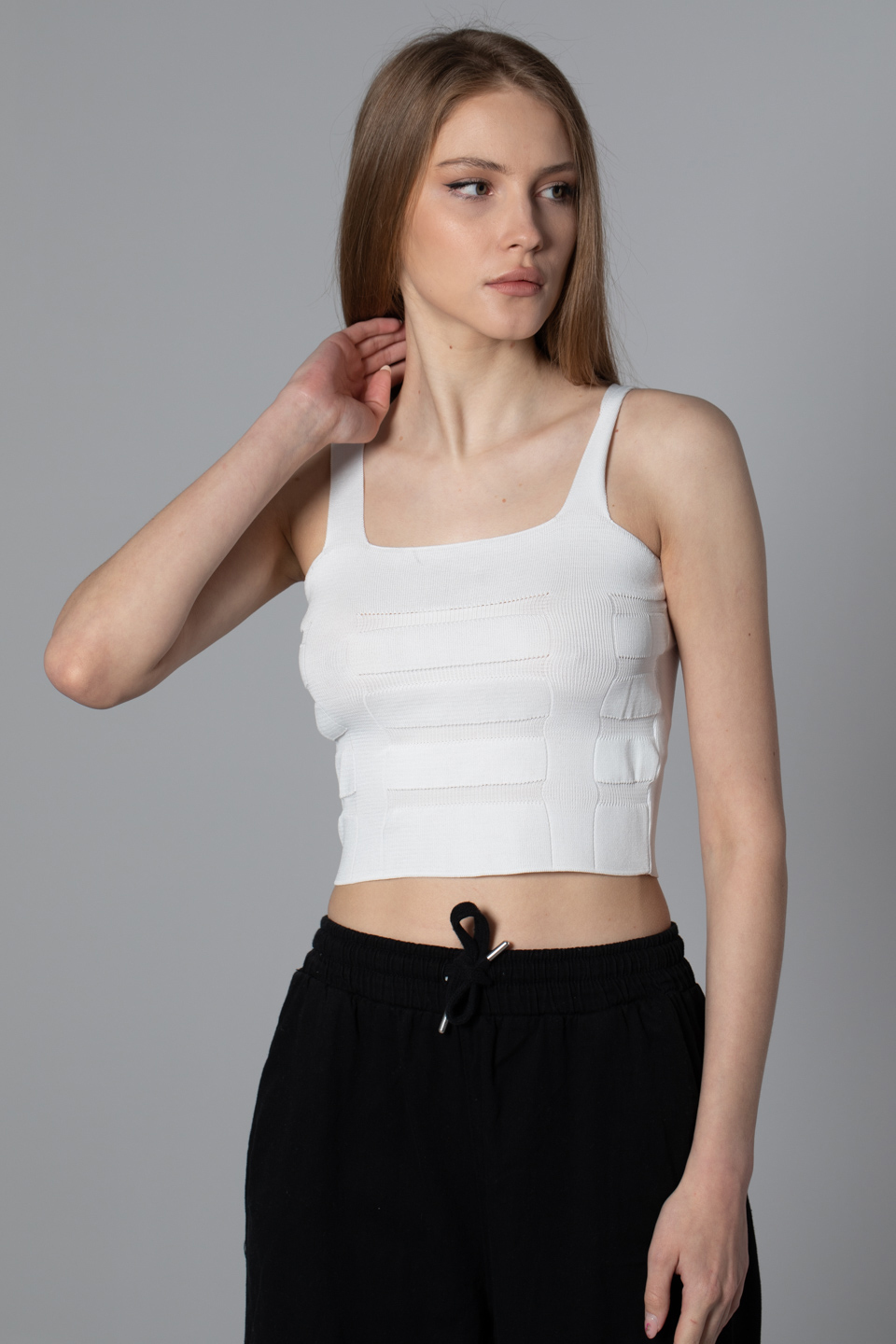 Kalın askılı crop body-8367 Ekru