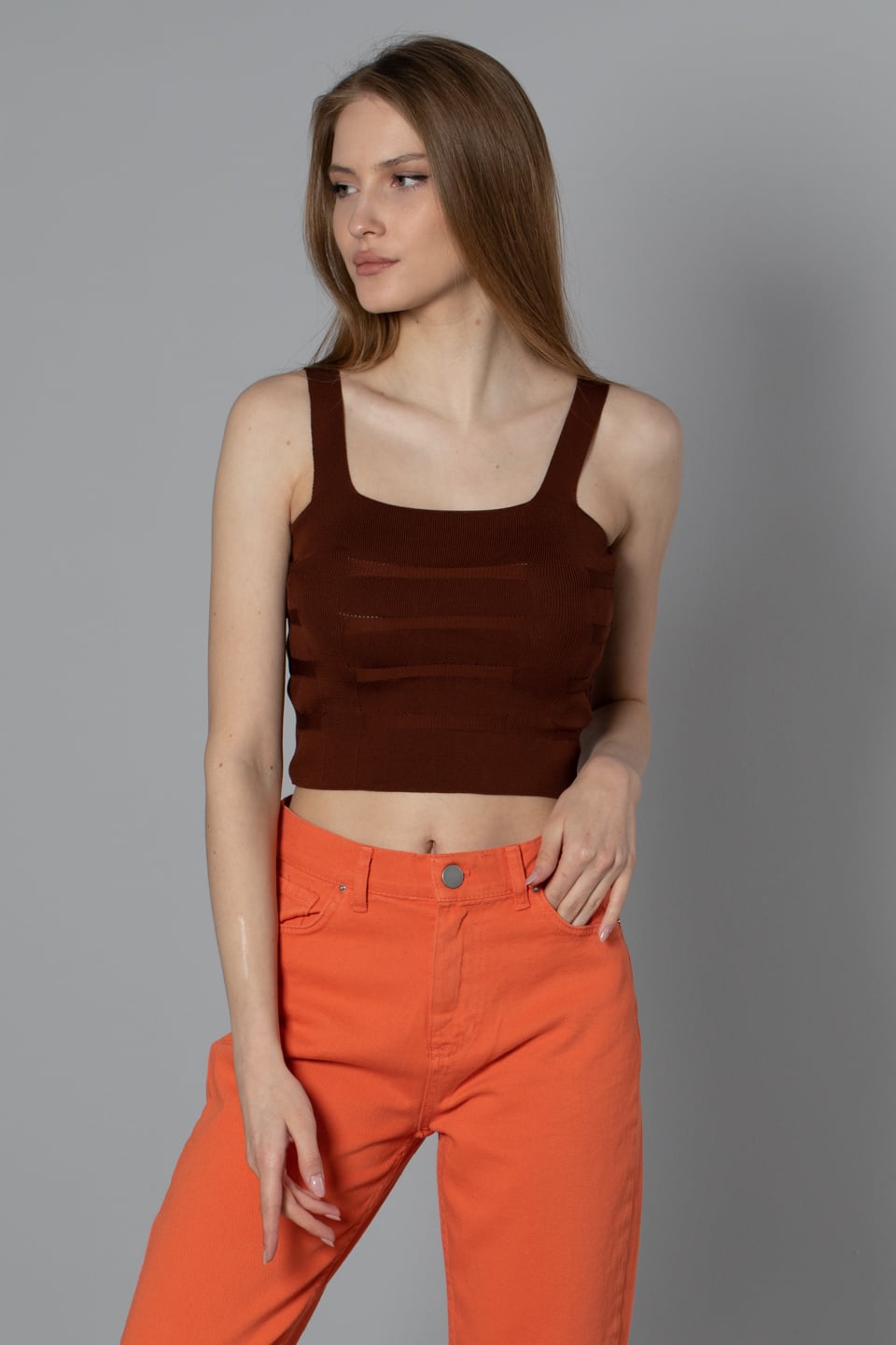 Kalın askılı crop body-8367 Kahve