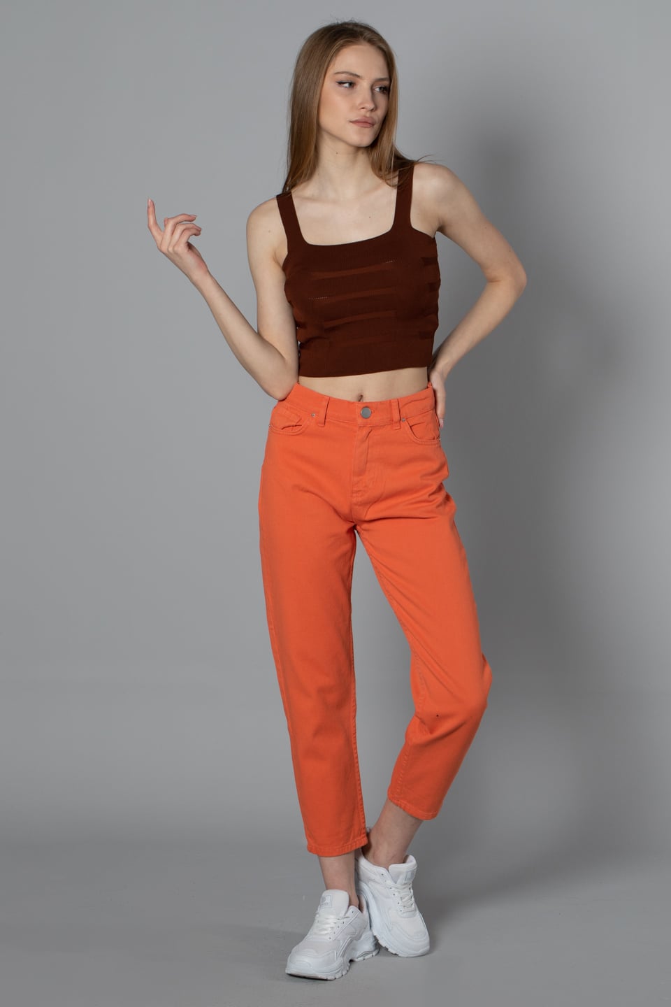 Kalın askılı crop body-8367 Kahve