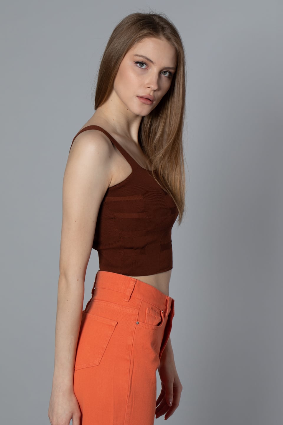 Kalın askılı crop body-8367 Kahve