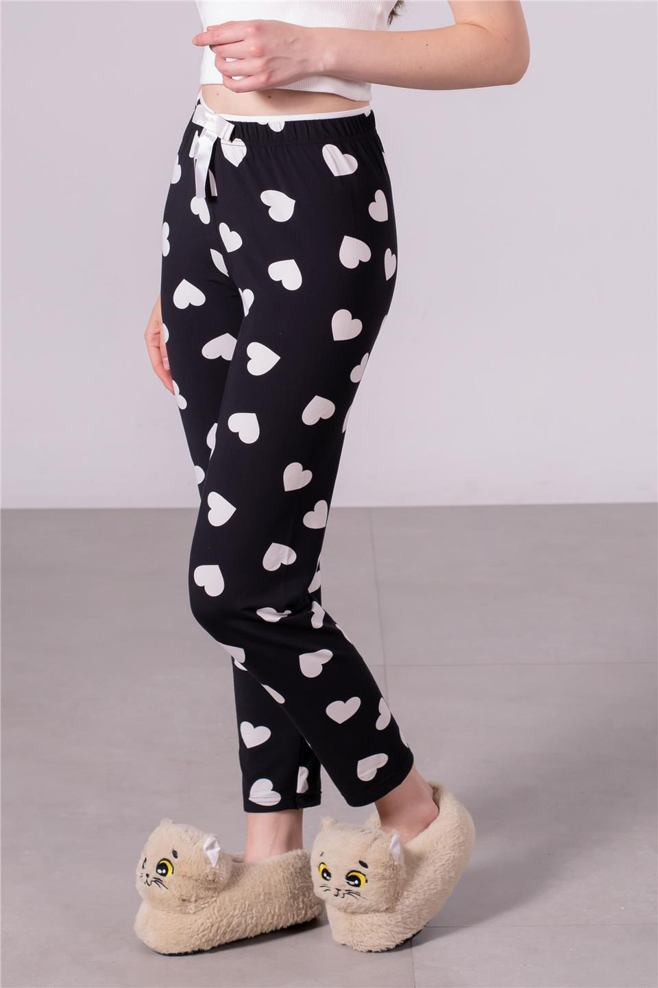 Kalp desenli beli kurdeleli pijama altı-4522 Siyah