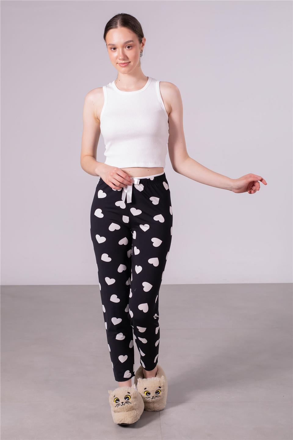 Kalp desenli beli kurdeleli pijama altı-4522 Siyah