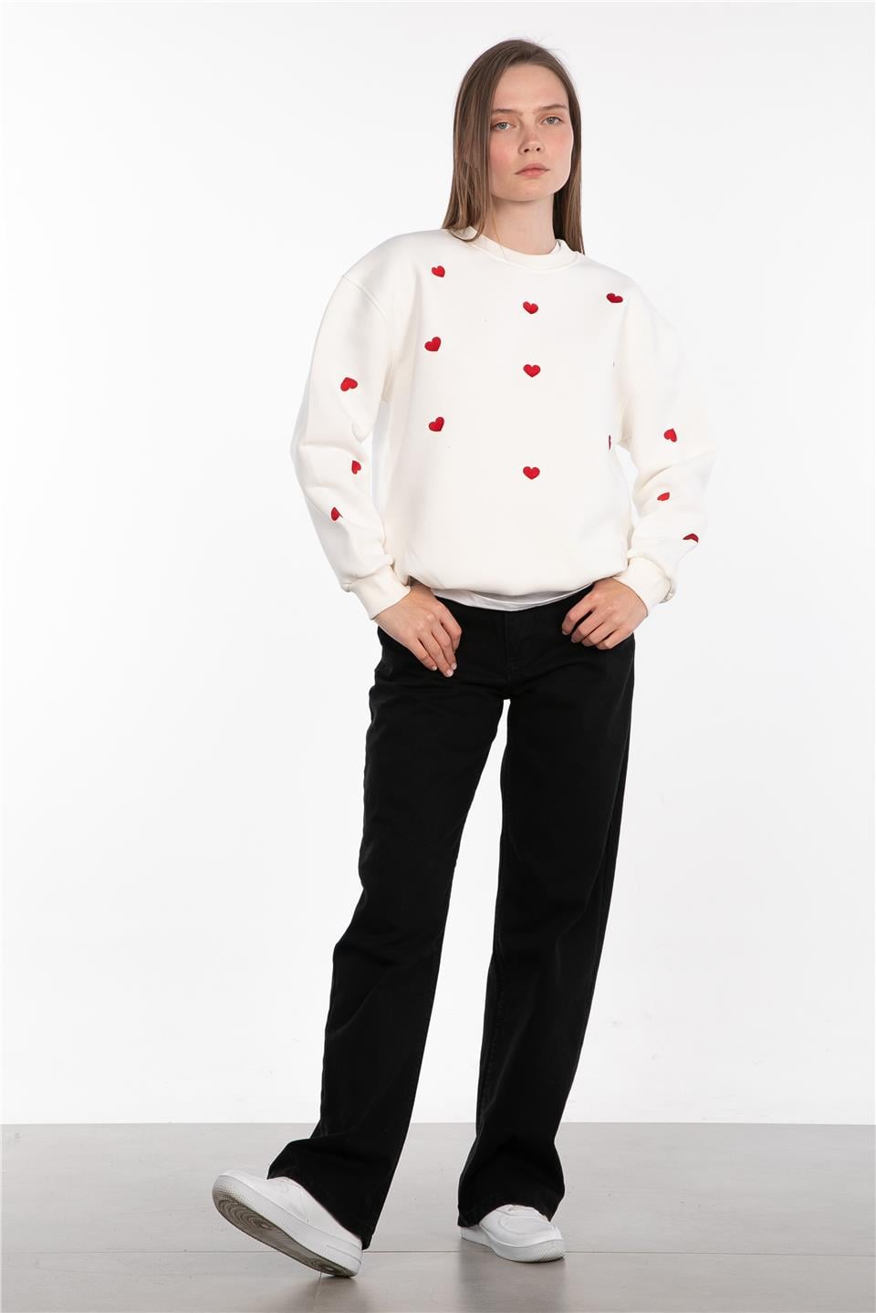 Kalpli bisiklet yaka sweatshirt-83-523 Ekru