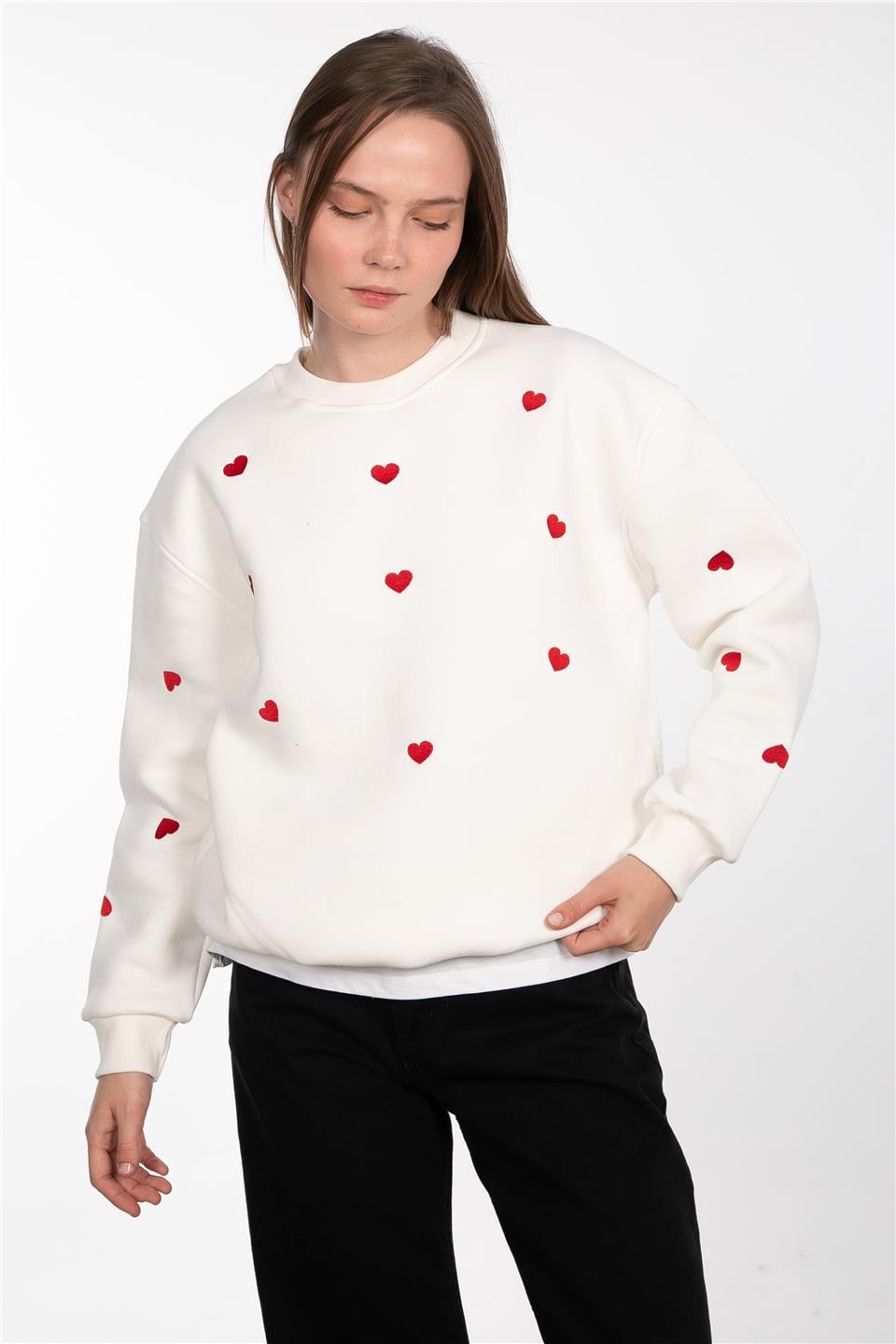 Kalpli bisiklet yaka sweatshirt-83-523 Ekru