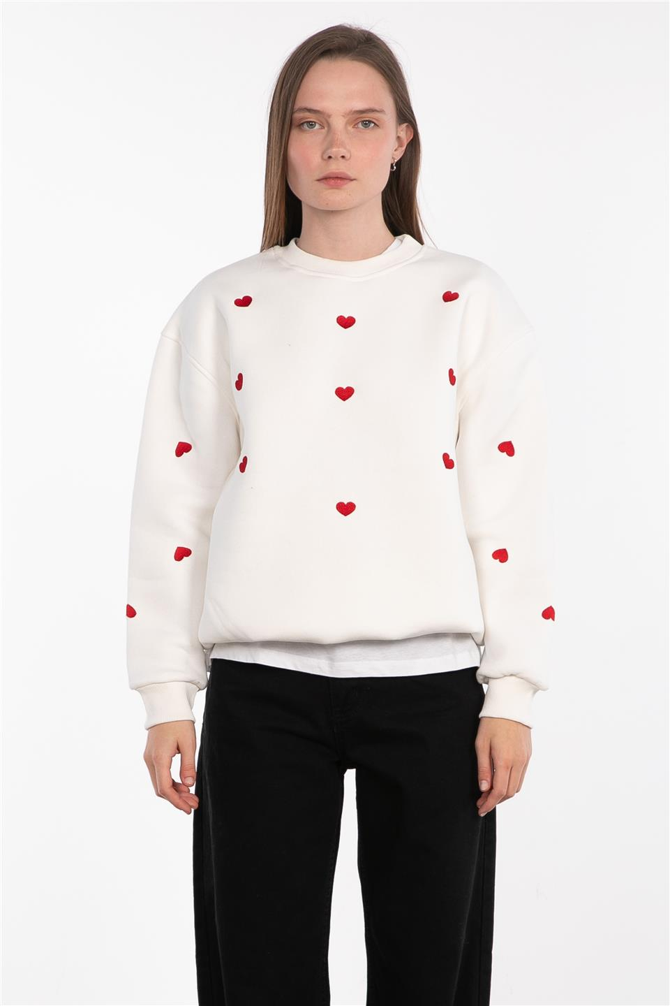 Kalpli bisiklet yaka sweatshirt-83-523 Ekru