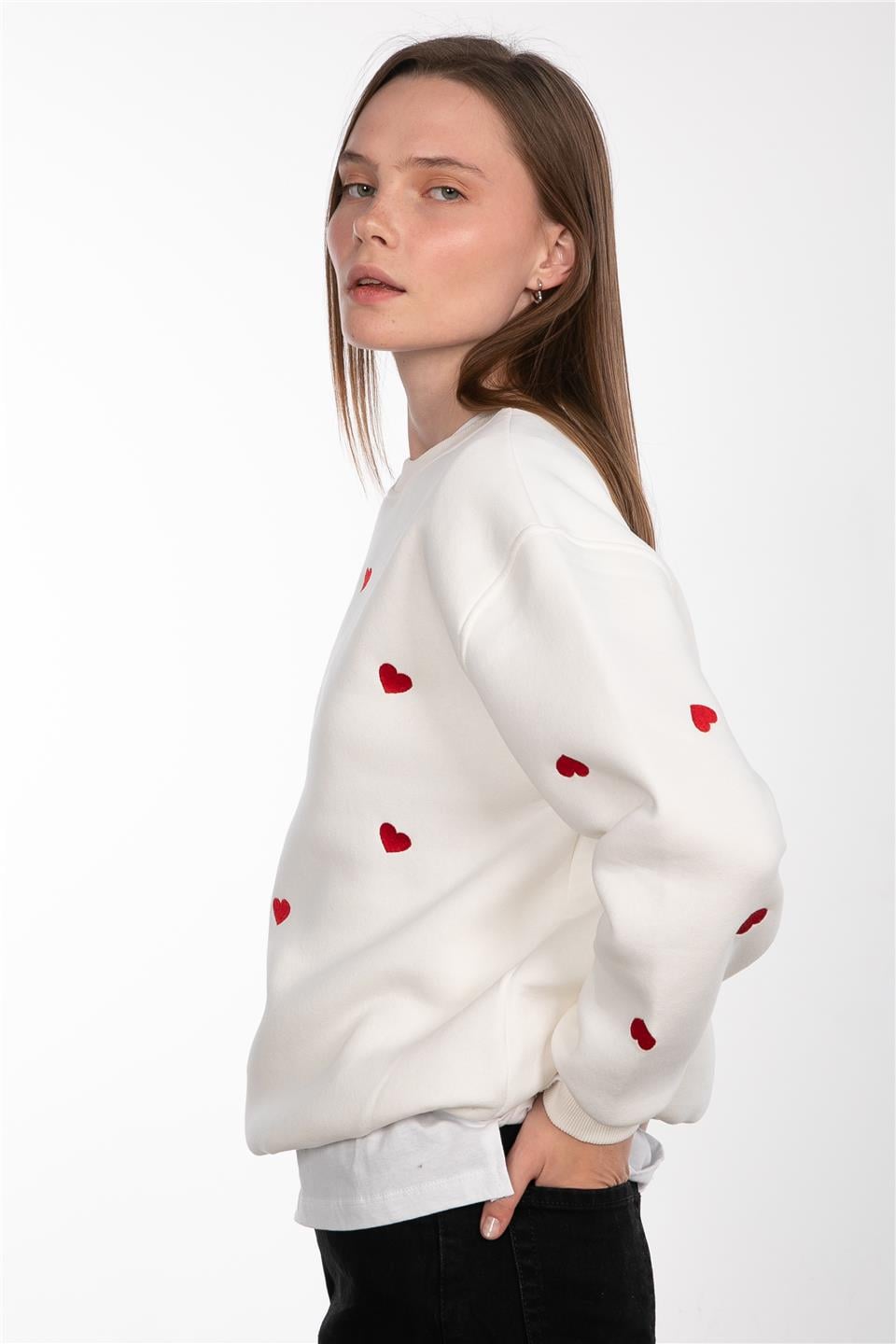 Kalpli bisiklet yaka sweatshirt-83-523 Ekru