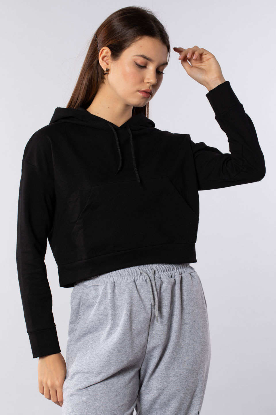 Kanguru cepli kapüşonlu sweatshirt-7073 Siyah