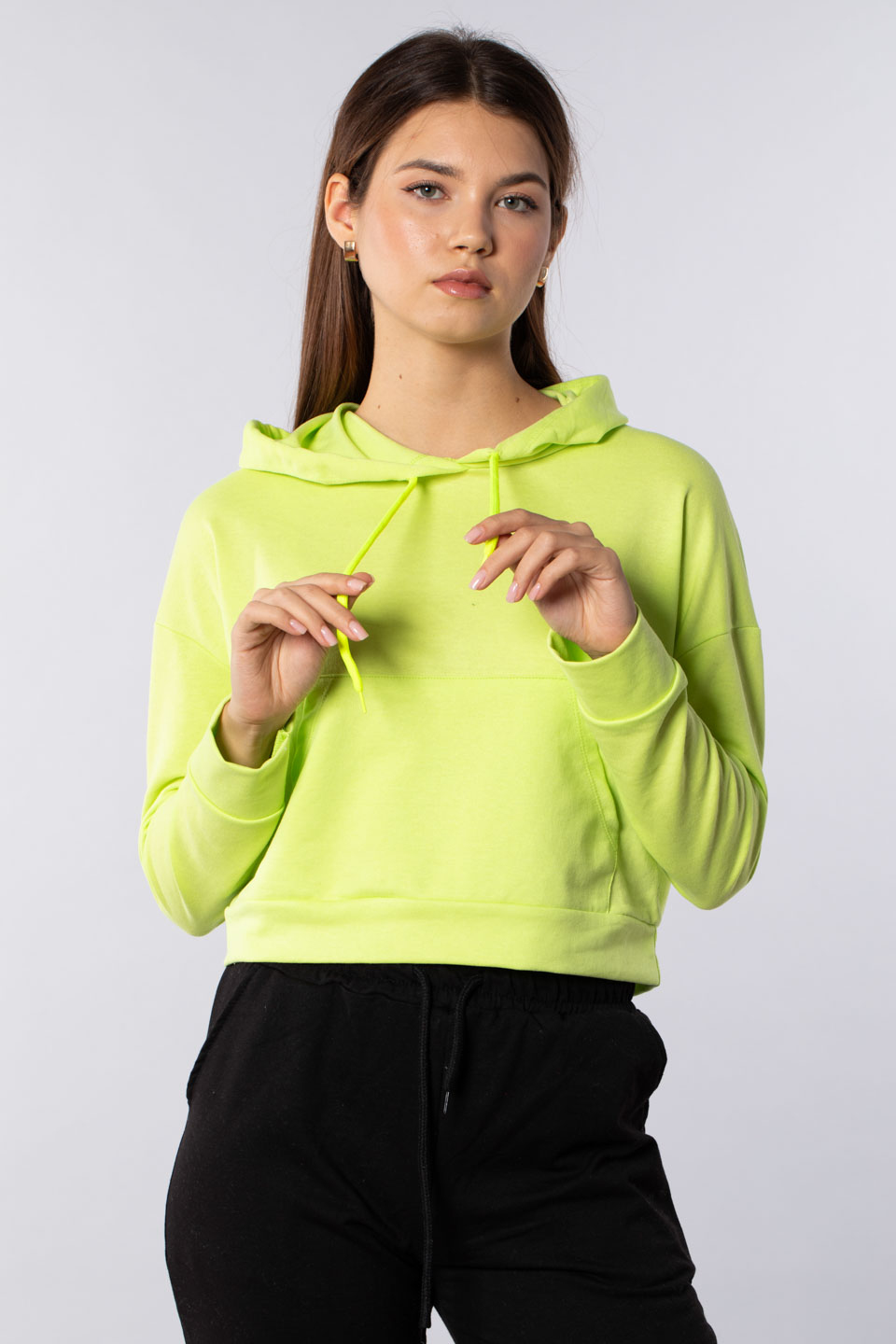 Kanguru cepli kapüşonlu sweatshirt-7073 Neon Yeşil 