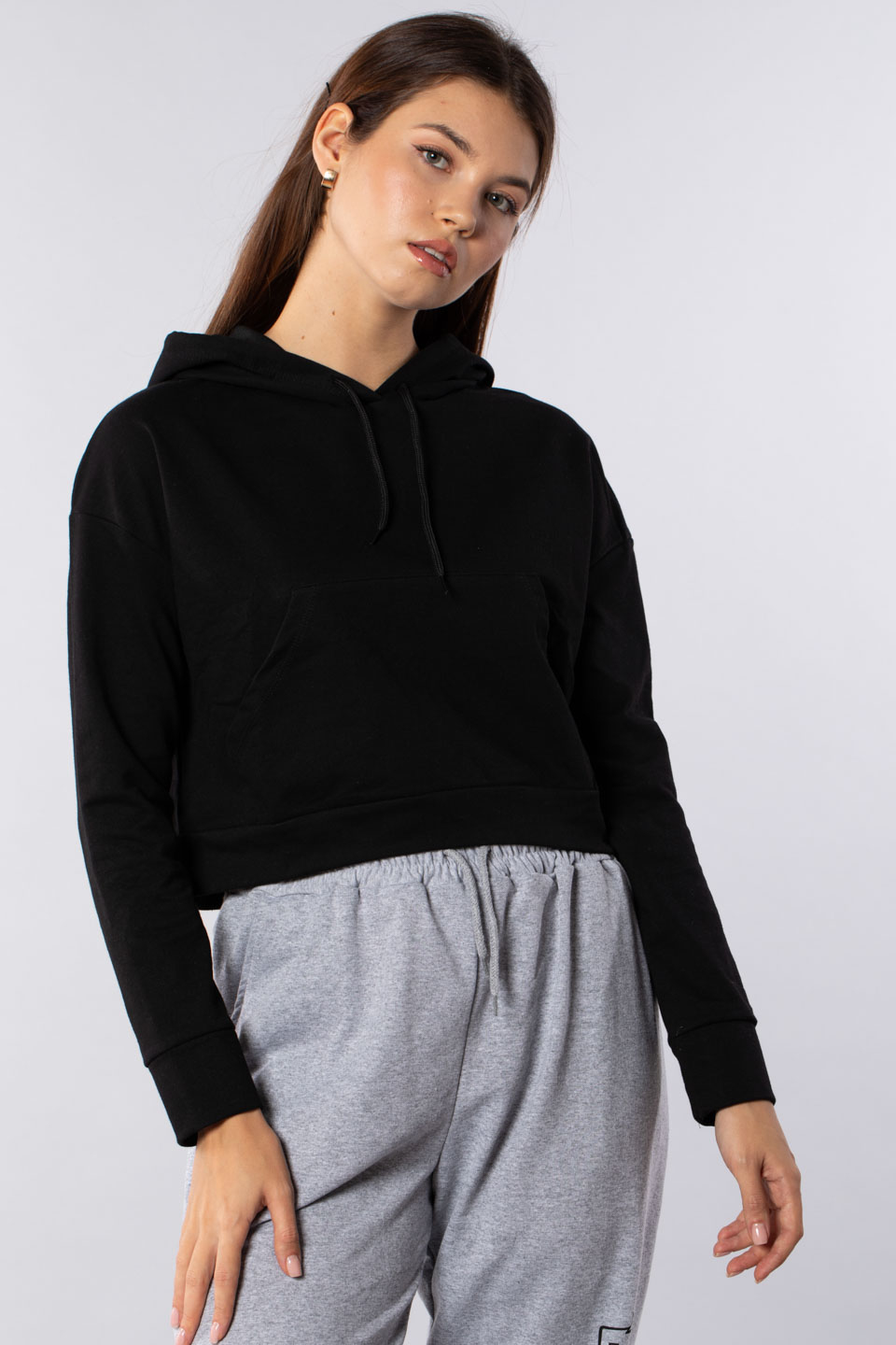 Kanguru cepli kapüşonlu sweatshirt-7073 Siyah