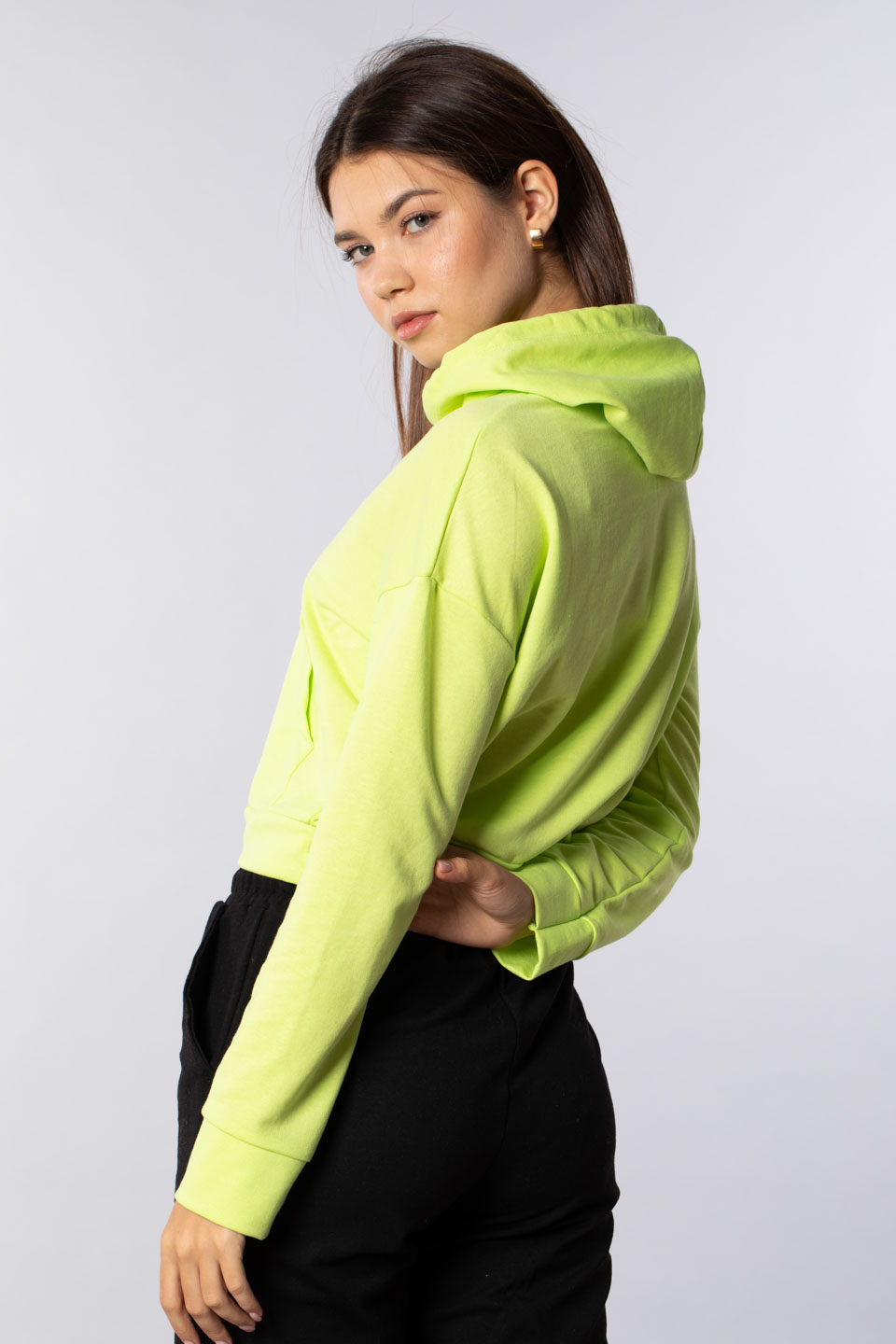 Kanguru cepli kapüşonlu sweatshirt-7073 Neon Yeşil 