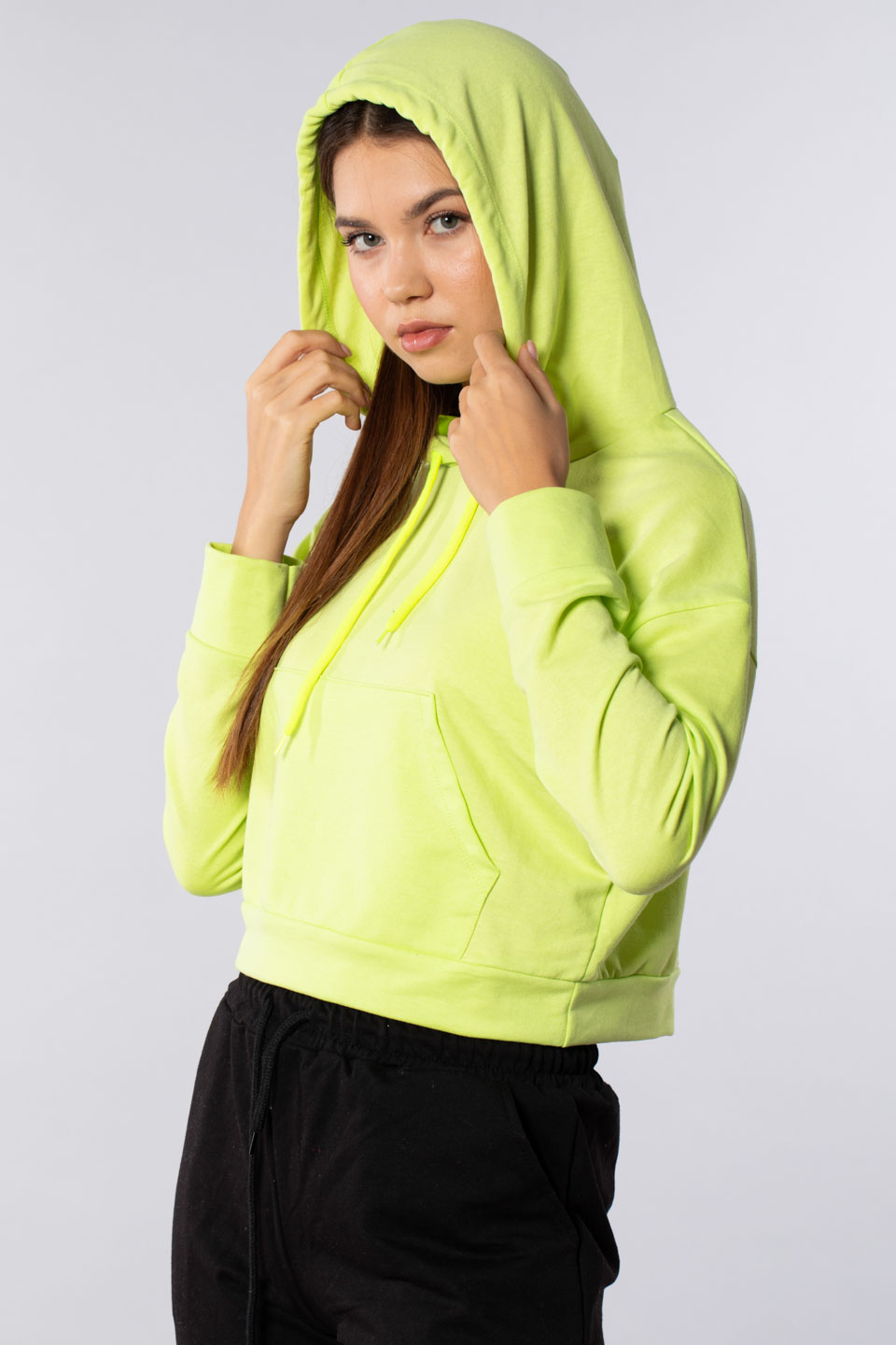 Kanguru cepli kapüşonlu sweatshirt-7073 Neon Yeşil 