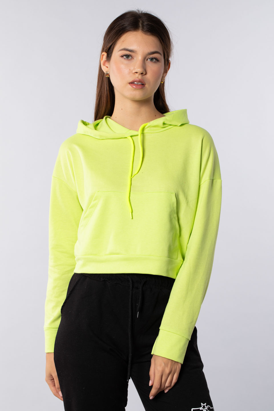 Kanguru cepli kapüşonlu sweatshirt-7073 Neon Yeşil 
