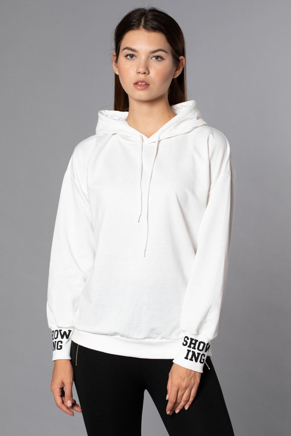 Kapüşonlu Arka Baskılı Sweatshirt-Beyaz