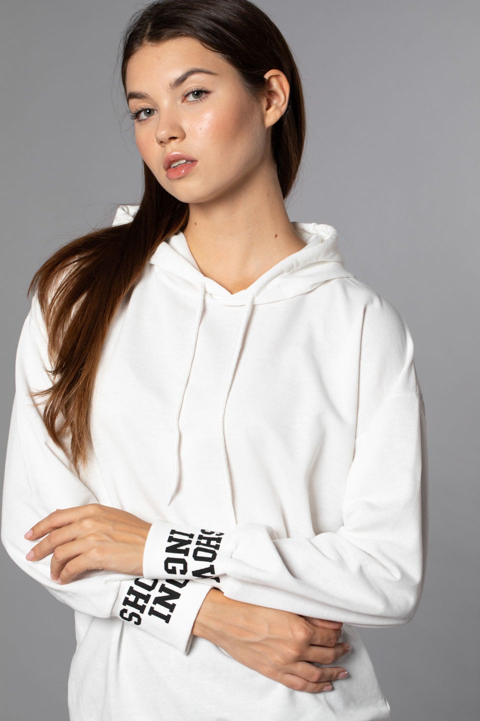 Kapüşonlu Arka Baskılı Sweatshirt-Beyaz