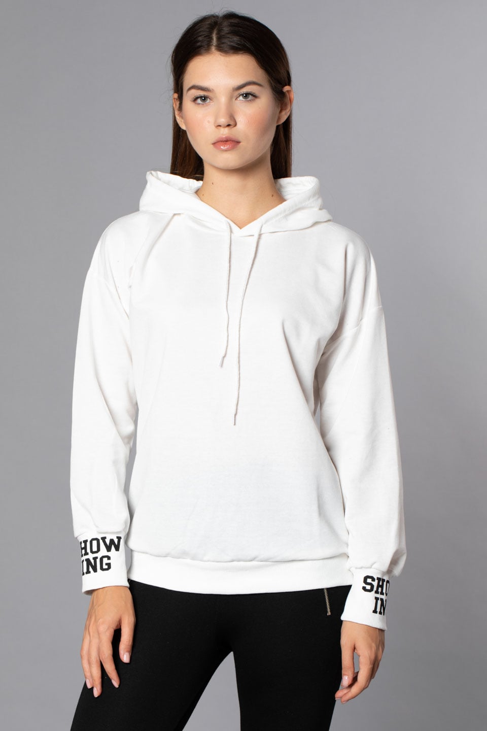 Kapüşonlu Arka Baskılı Sweatshirt-Beyaz