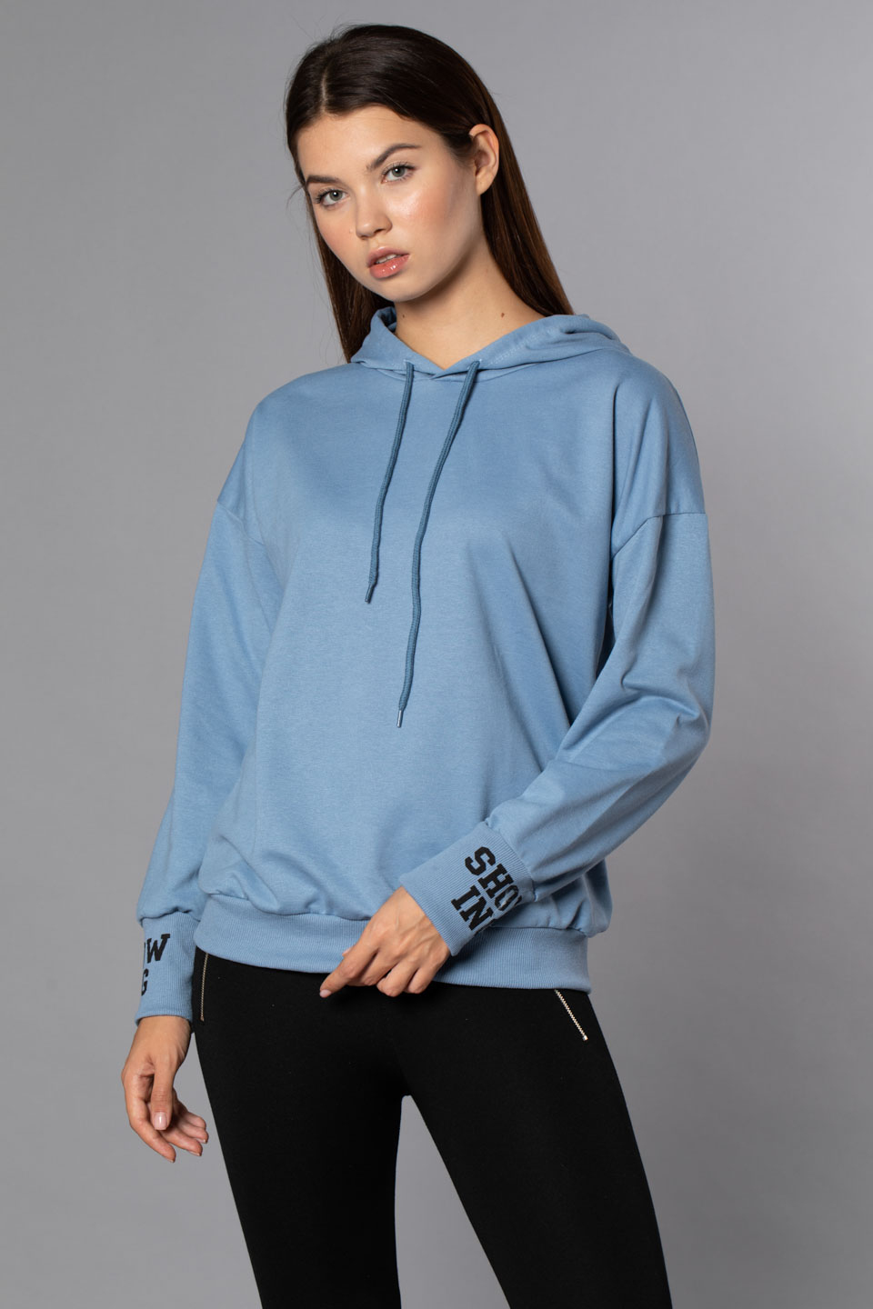Kapüşonlu Arka Baskılı Sweatshirt-Mavi