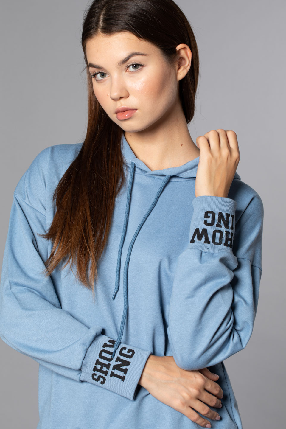 Kapüşonlu Arka Baskılı Sweatshirt-Mavi
