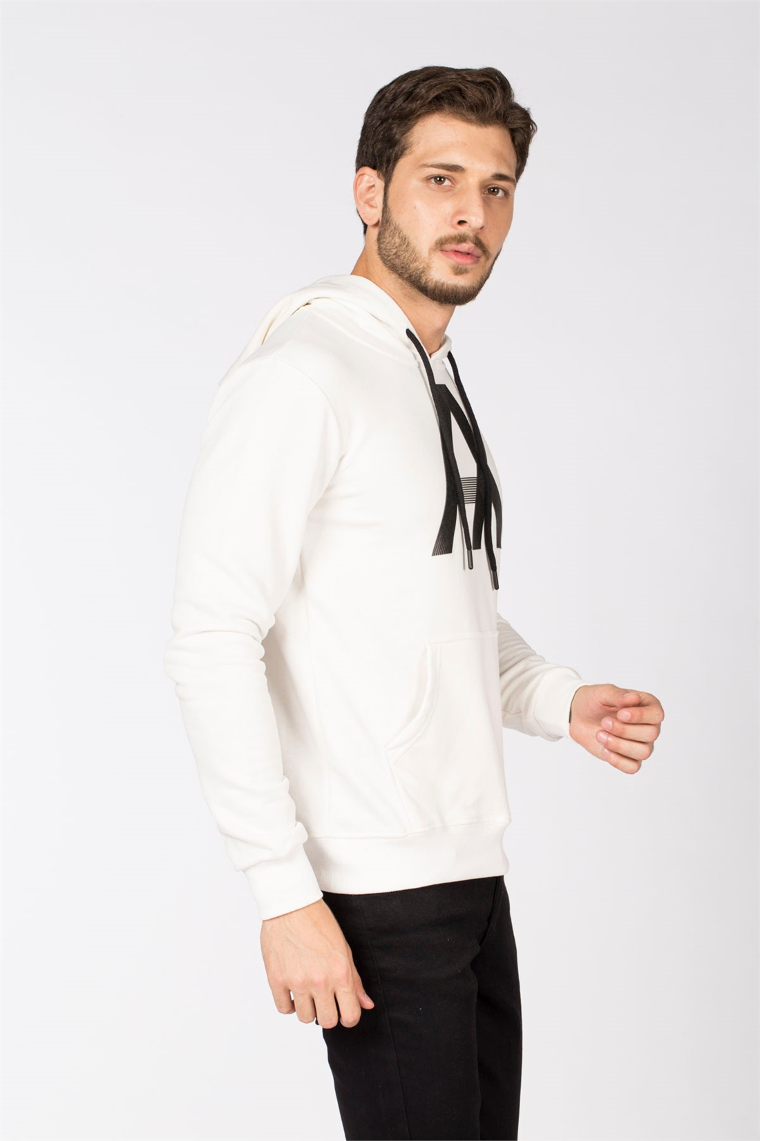 Kapüşonlu Ax Baskılı Sweatshirt-Ekru