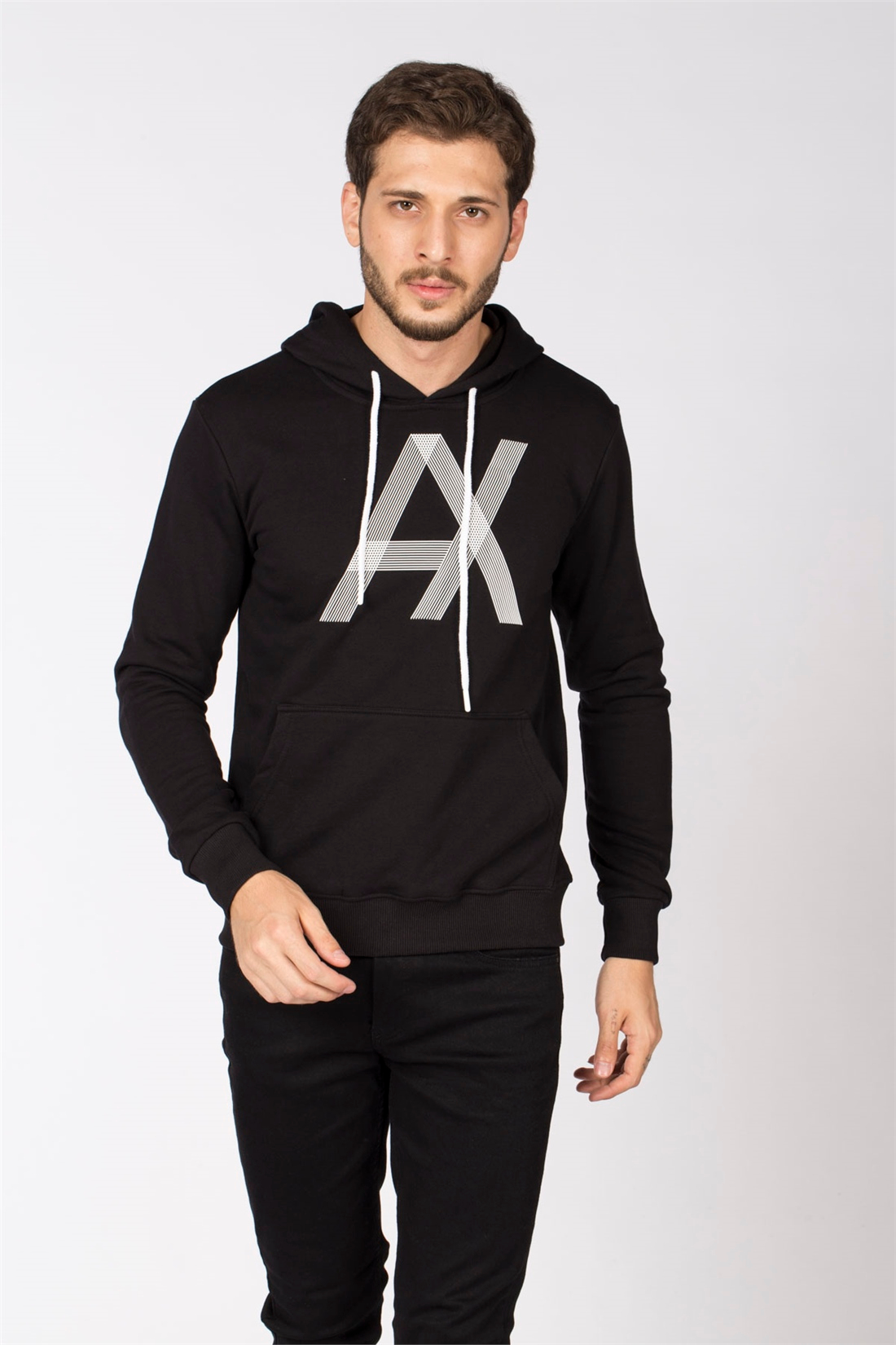 Kapüşonlu Ax Baskılı Sweatshirt-Siyah