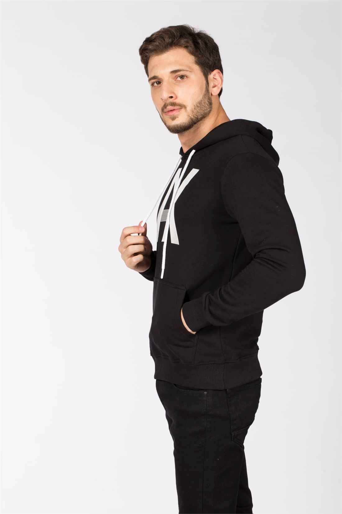 Kapüşonlu Ax Baskılı Sweatshirt-Siyah