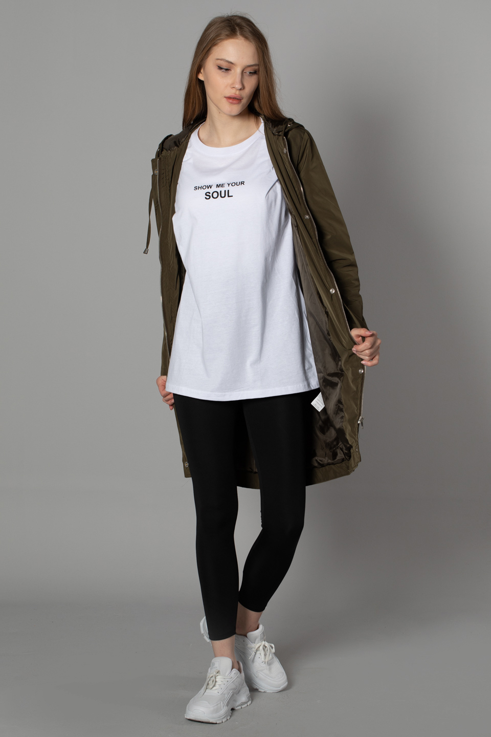 Kapüşonlu beli büzgülü uzun mont-8002 Haki