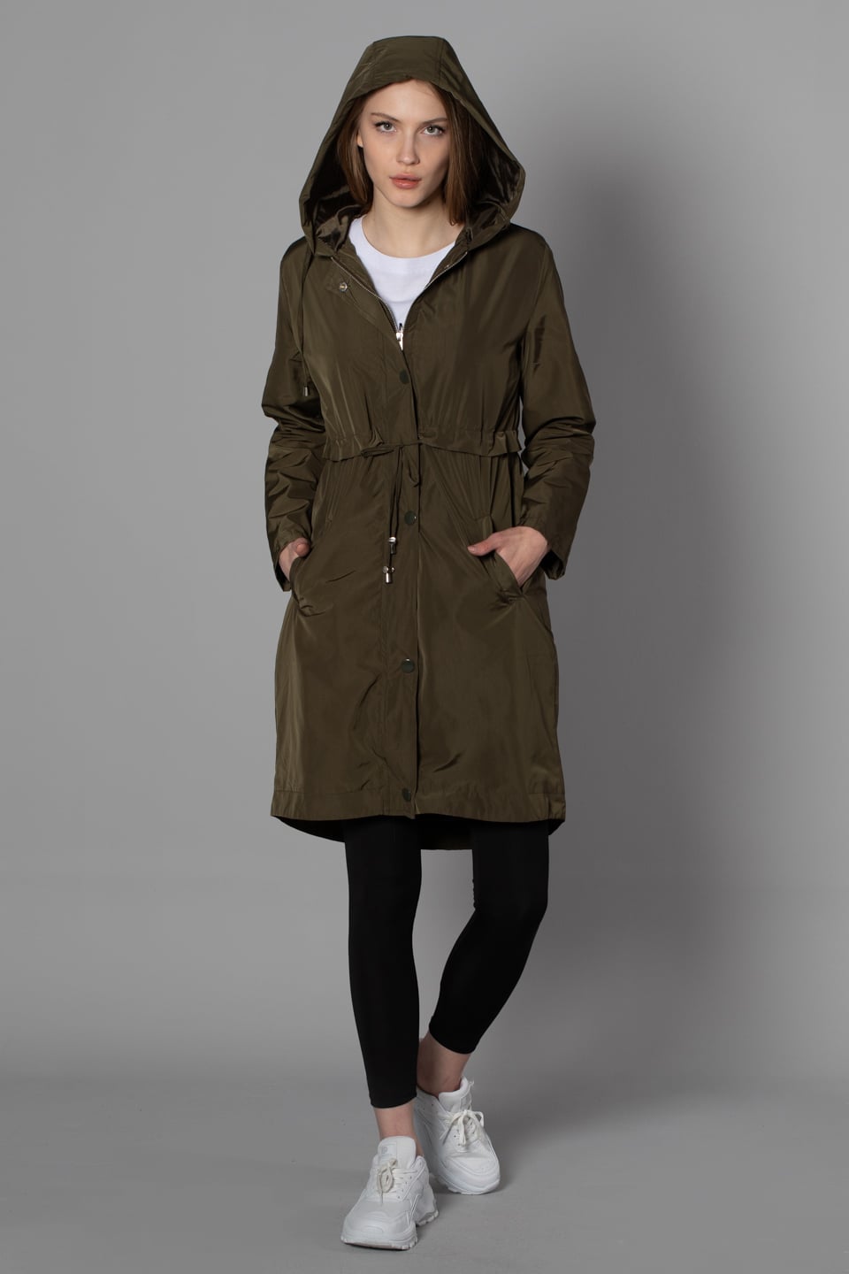 Kapüşonlu beli büzgülü uzun mont-8002 Haki
