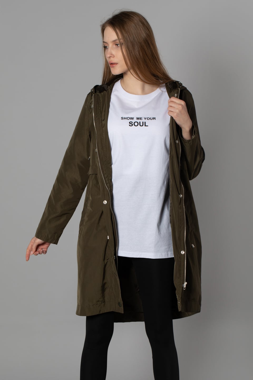 Kapüşonlu beli büzgülü uzun mont-8002 Haki