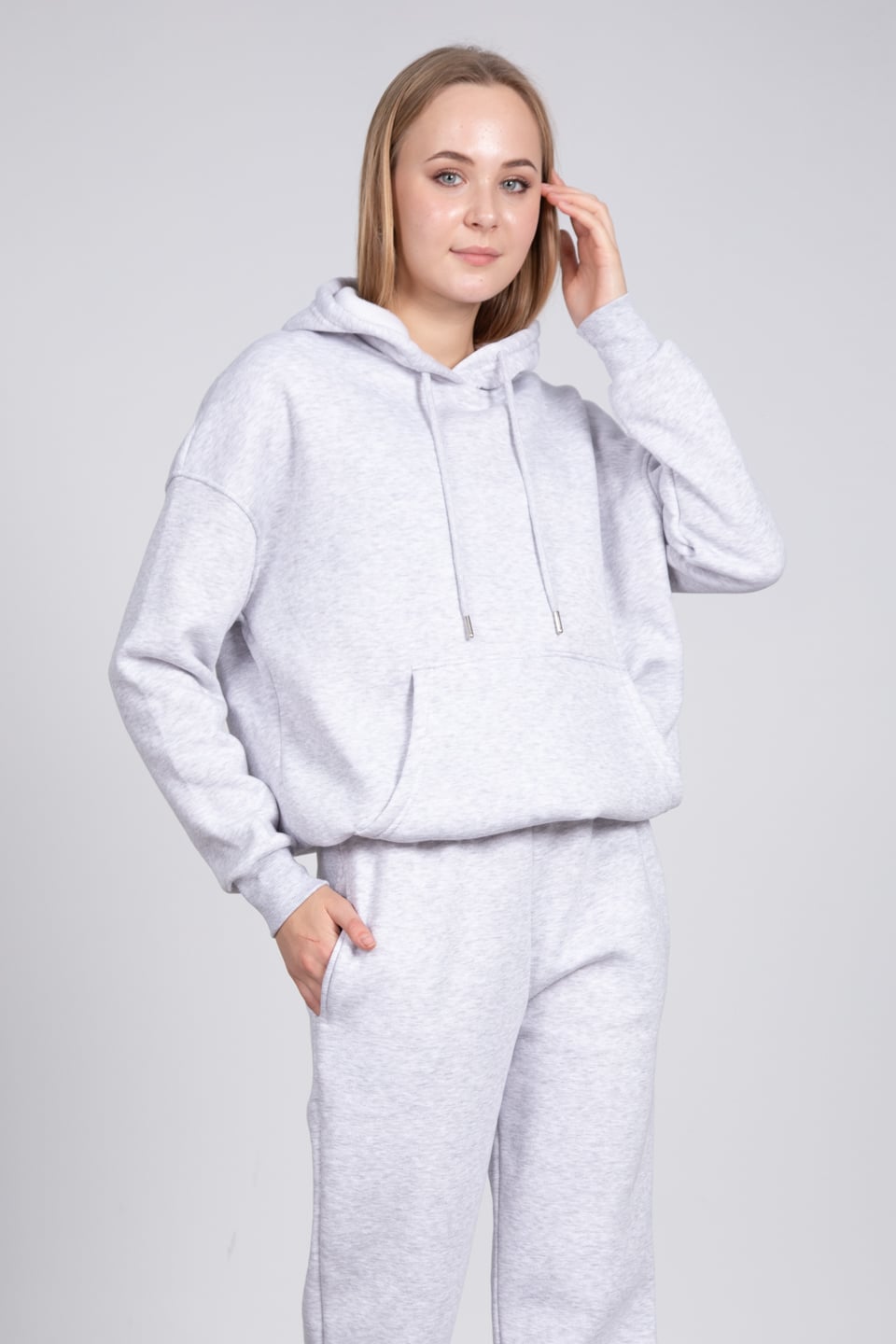 Kapüşonlu cepli sweatshirt-9490 Gri Melanj