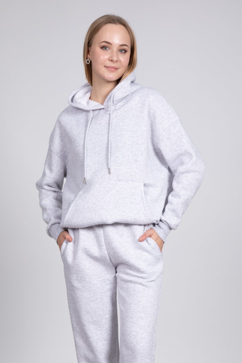Kapüşonlu cepli sweatshirt-9490 Gri Melanj