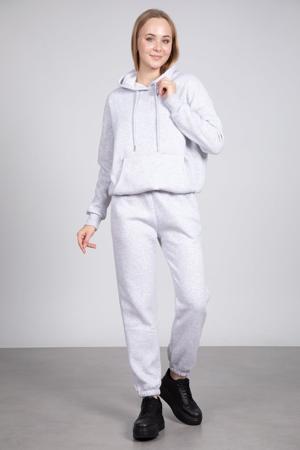 Kapüşonlu cepli sweatshirt-9490 Gri Melanj