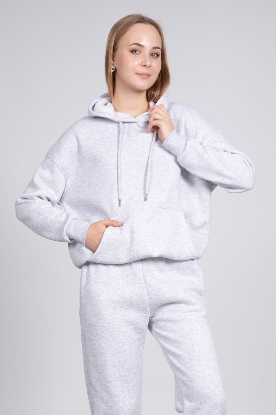 Kapüşonlu cepli sweatshirt-9490 Gri Melanj