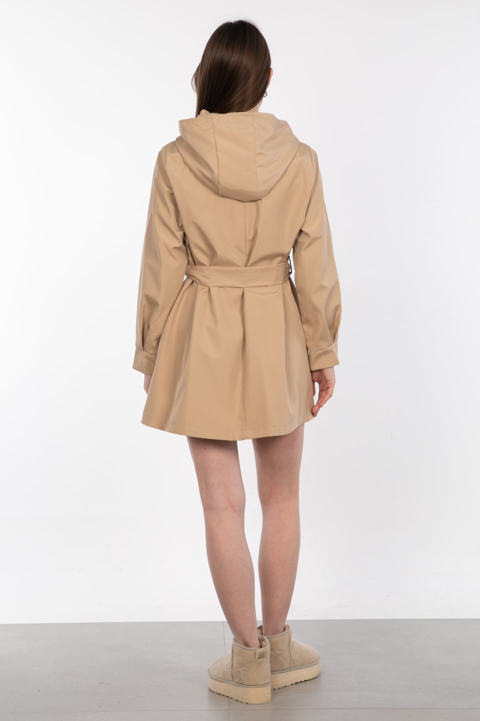 Kapüşonlu çıtçıtlı trenç-5934 Vizon