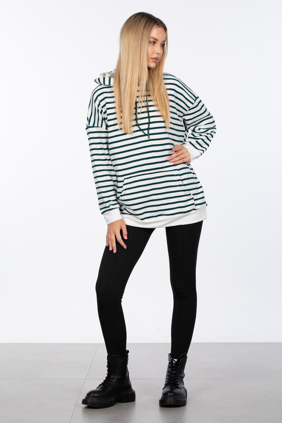 Kapüşonlu çizgili sweatshirt-5041 Beyaz/Nefti
